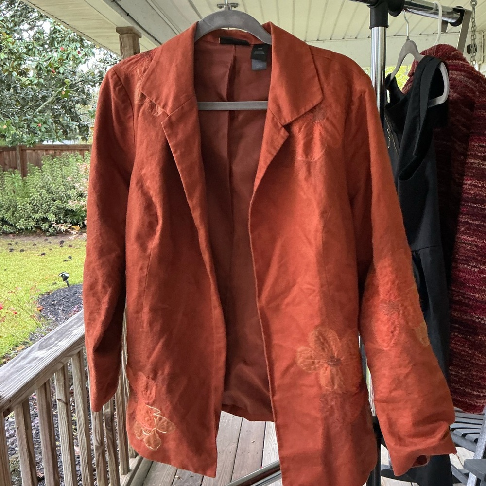 Coldwater creek 14W rust linen blend embroidered floral jacket blazer